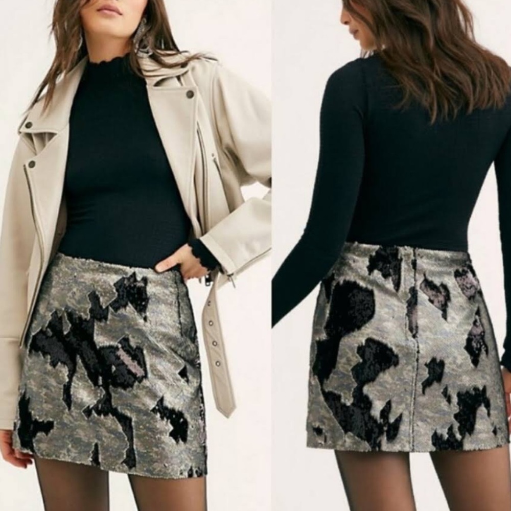 Free People One Sequin Mini Skirt Camo 12 NWT